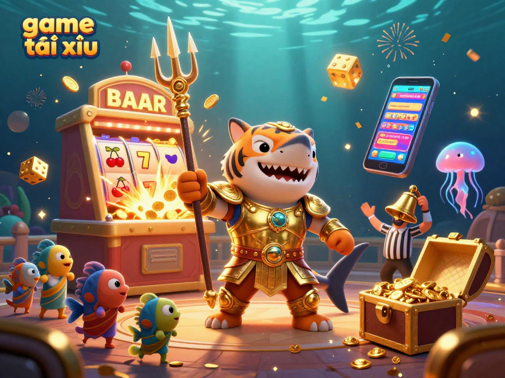 Play game tài xỉu in an exhilarating underwater scene, featuring a tiger shark in armor and jackpot elements.