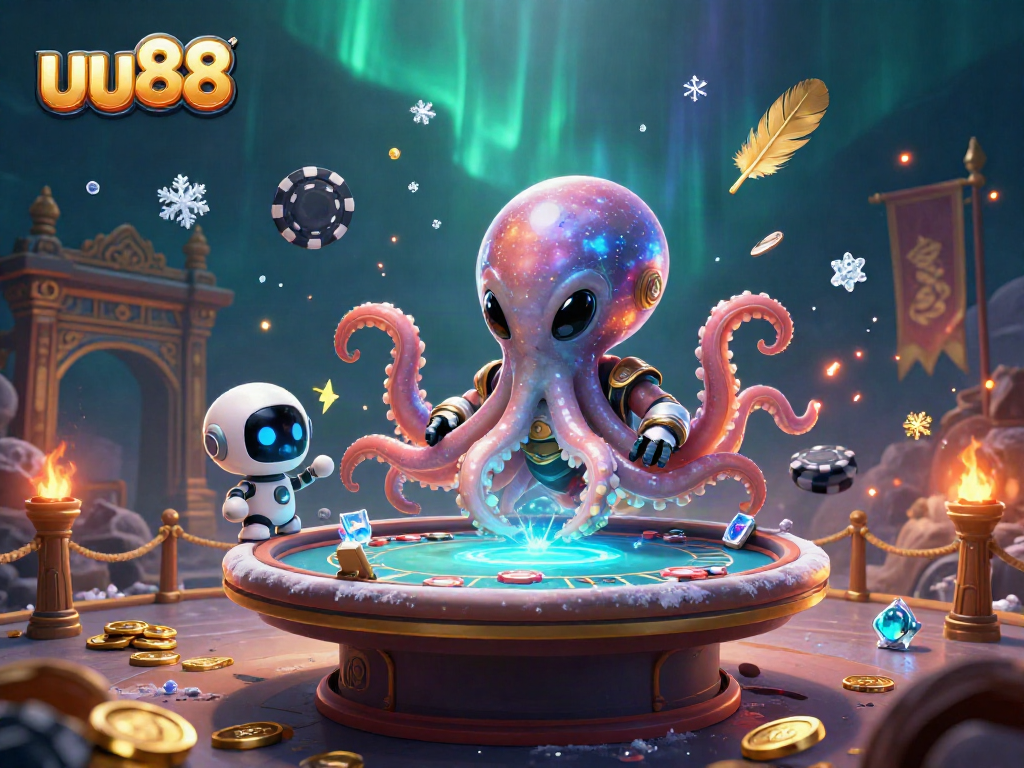 Play exciting games at uu88 with a vibrant 3D octopus dealer at a holographic poker table.