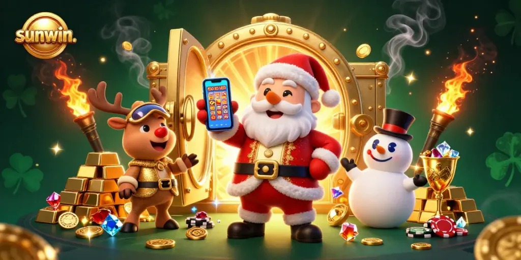 Engage with sunwin. gaming excitement as Santa celebrates jackpots with his friends in a lavish casino.