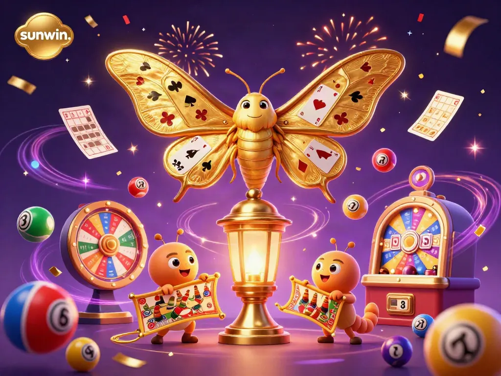 Experience sunwin. with vibrant lottery elements and a majestic moth in a magical casino scene.