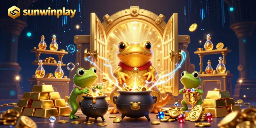 Experience the magic of sunwinplay with golden treasures and dynamic characters in an enchanting scene.