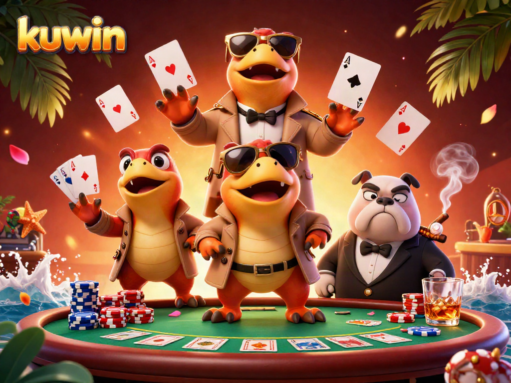 Kuwin raptors enter a casino lounge, surrounded by dynamic poker elements and engaging atmosphere.