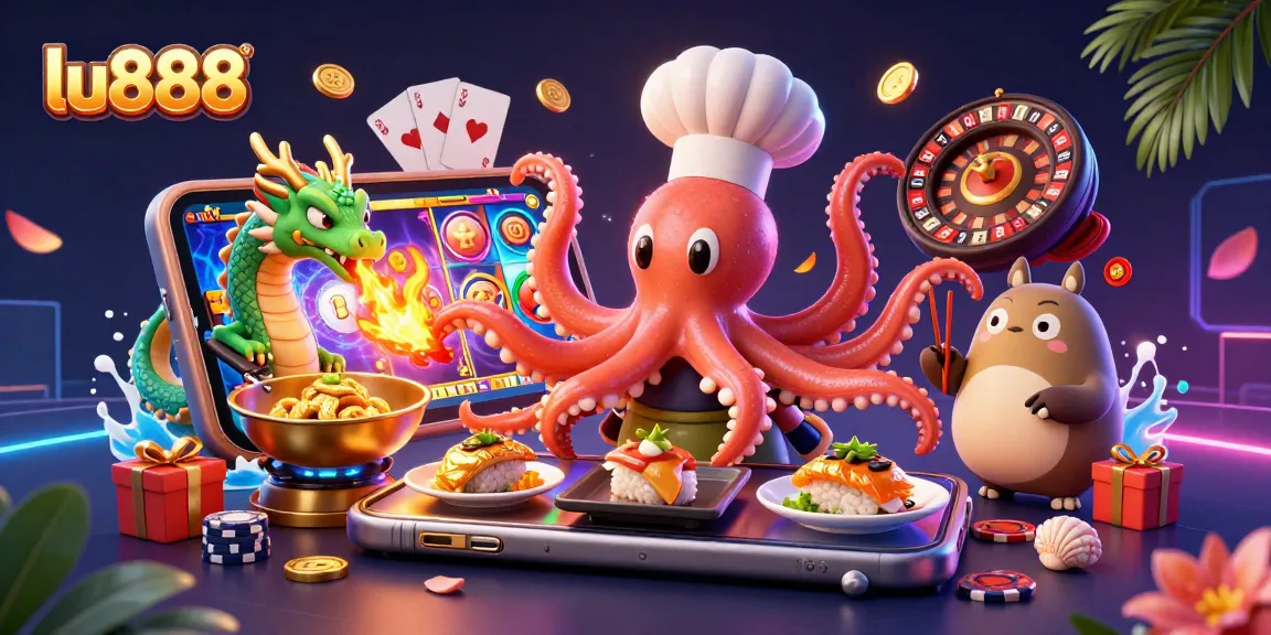 Experience thrilling slots at lu888 with a dynamic chef octopus and winning symbols bursting from the phone.