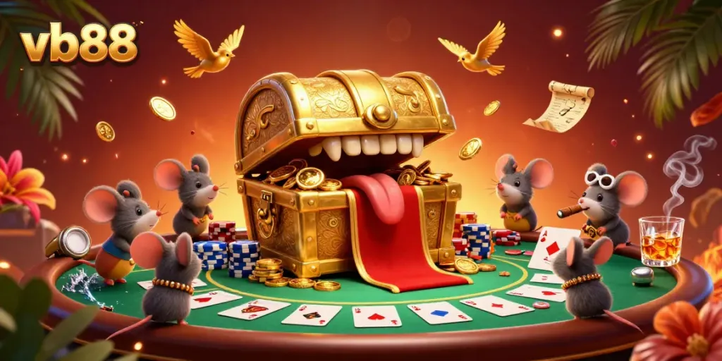 Experience the thrill of vb88 as adventurer mice are drawn to a treasure chest in a vibrant casino scene.