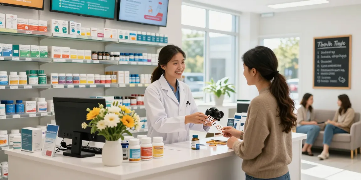 Gezellige winkelervaring bij Unique Pharma Shop, waar een apotheker klanten adviseert over gezondheidsproducten.