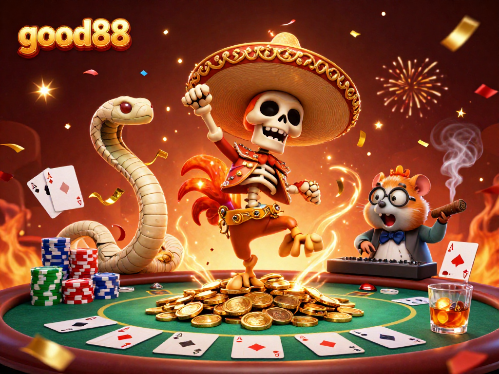Experience thrilling wins with good88 at vibrant casino tables and colorful game elements in this 3D scene.