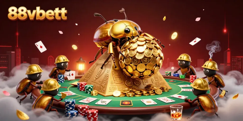Experience thrilling action with 88vbett as a golden dung beetle rolls a massive coin ball in a vibrant casino setting.