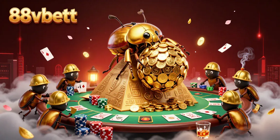 Experience thrilling action with 88vbett as a golden dung beetle rolls a massive coin ball in a vibrant casino setting.