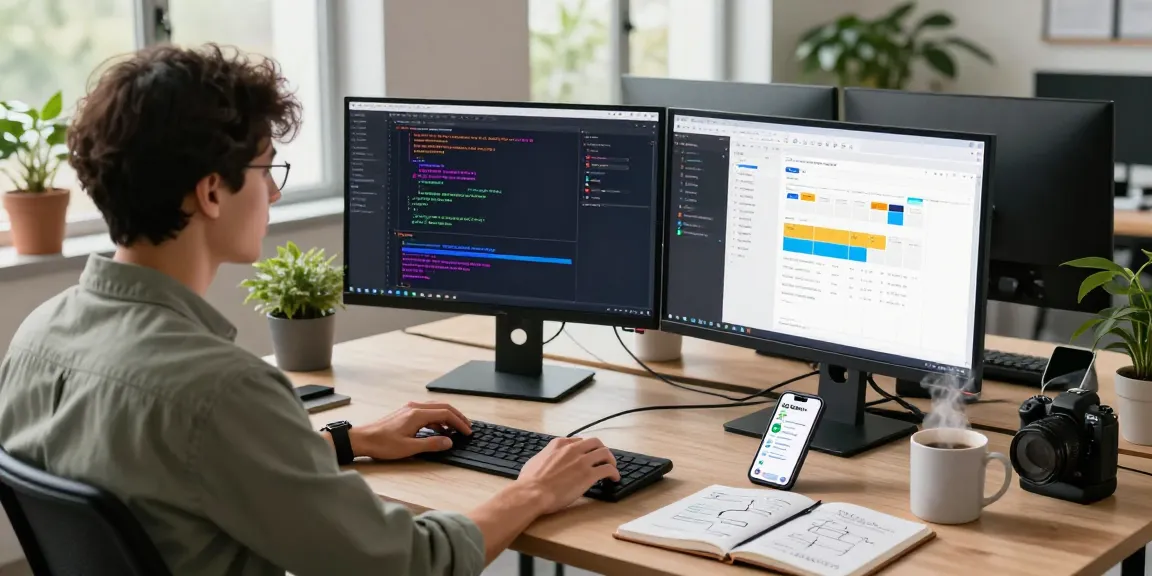 Build internal tools with AI in a modern tech workspace, showcasing coding and project management.