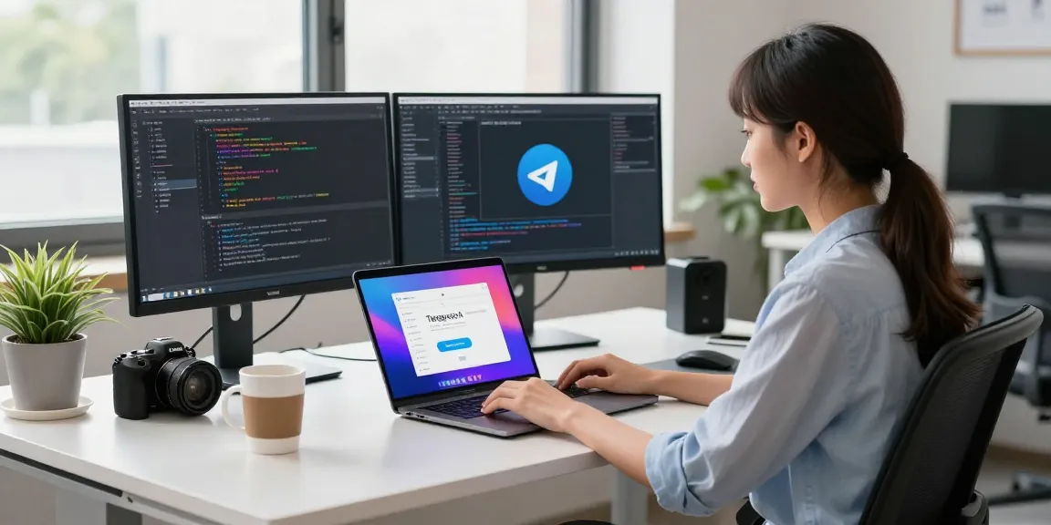 Young woman setting up Telegram Chinese interface in modern tech workspace.