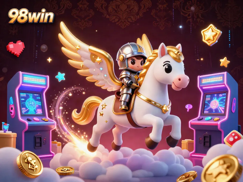 Join the excitement of 98win with a dynamic scene showcasing casino adventures and game elements.