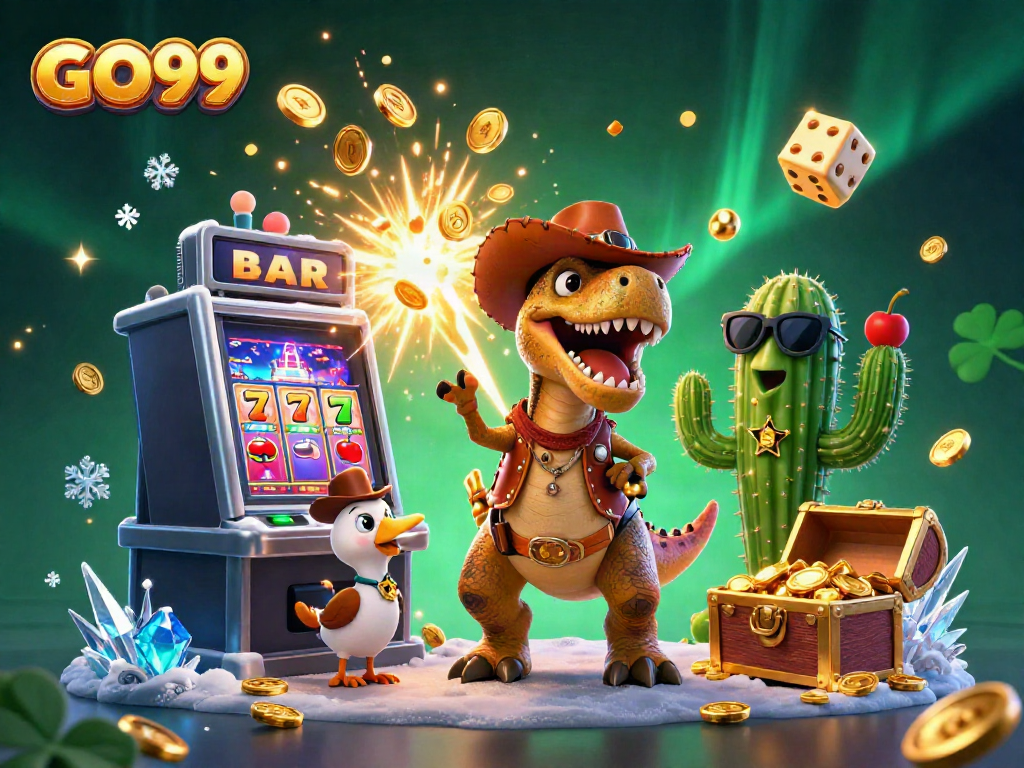 Play the exciting GO99 casino games with a vibrant dinosaur cowboy and friends!