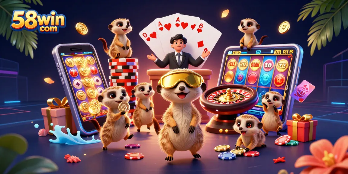Experience thrilling gaming action at 58win com with lively meerkats managing a colorful casino scene.