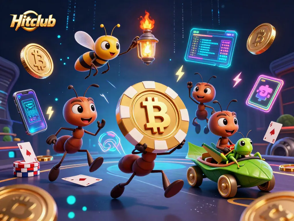 Hitclub shows ants heisting a giant poker chip in a vibrant casino scene full of gaming elements.