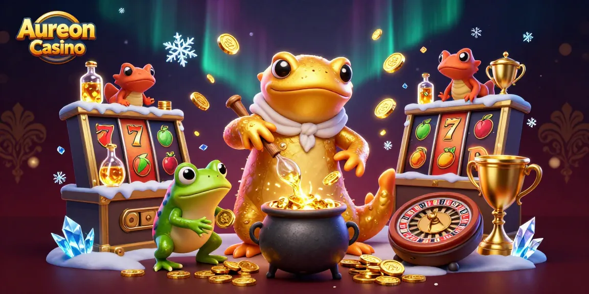 Aureon Casino features a golden salamander alchemist and frog apprentice in an enchanting gaming scene.